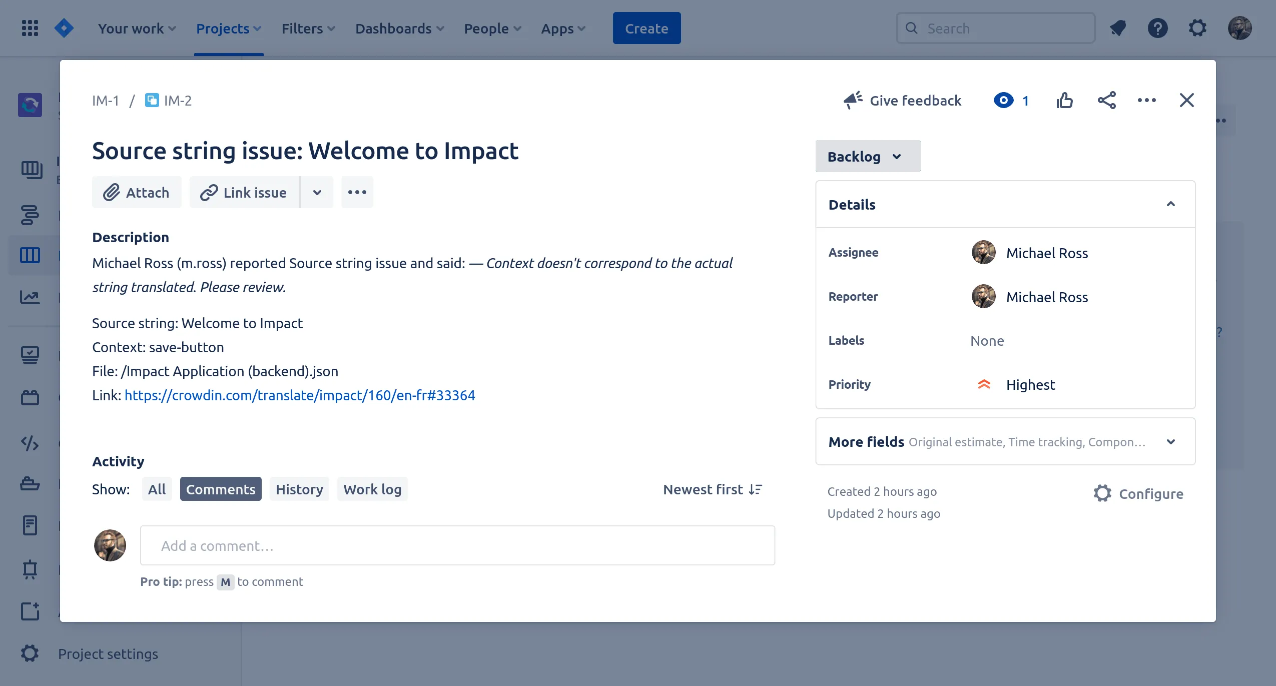 In Jira angezeigtes Crowdin-Problem