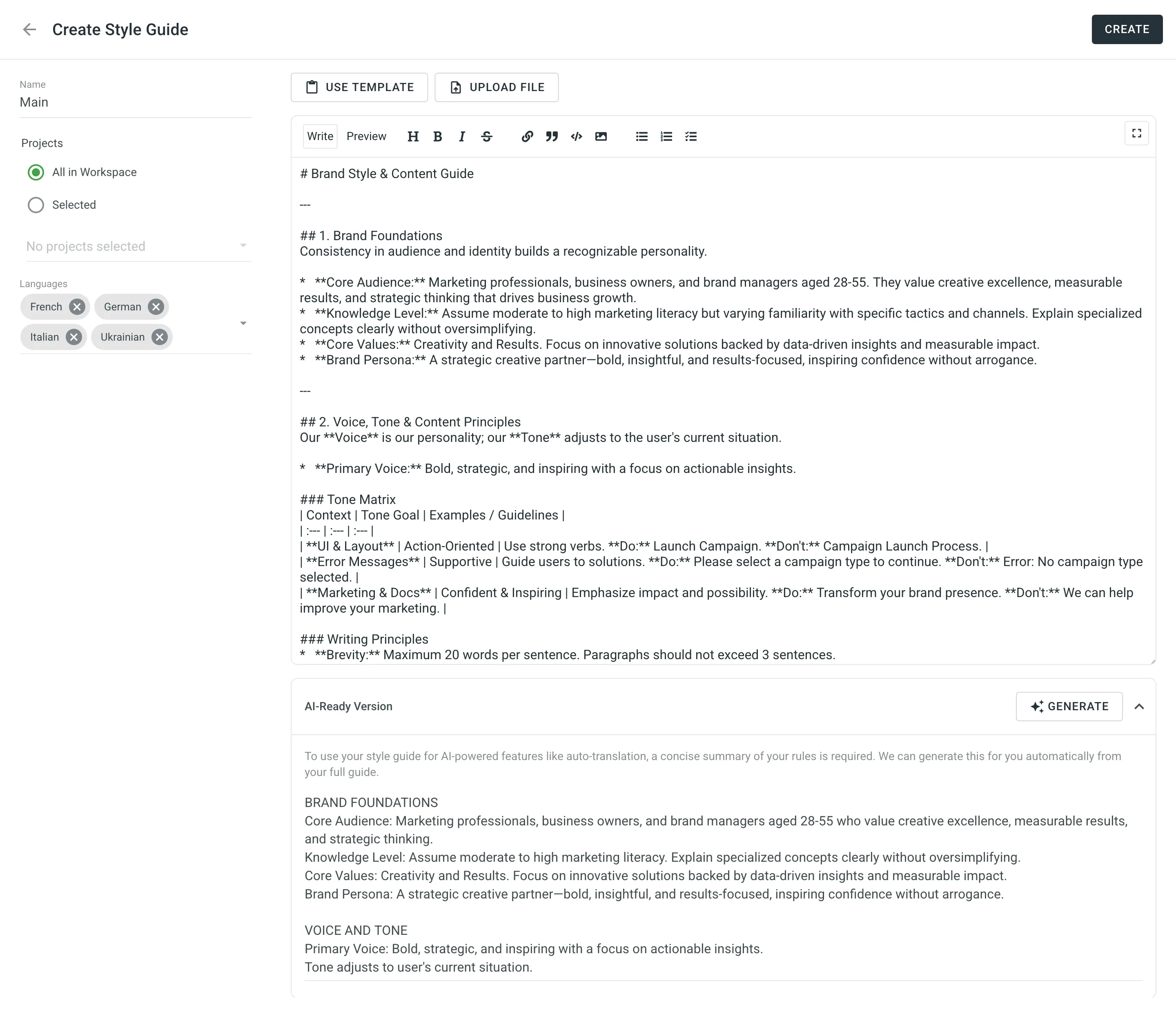 Dialog zum Erstellen eines Style Guides