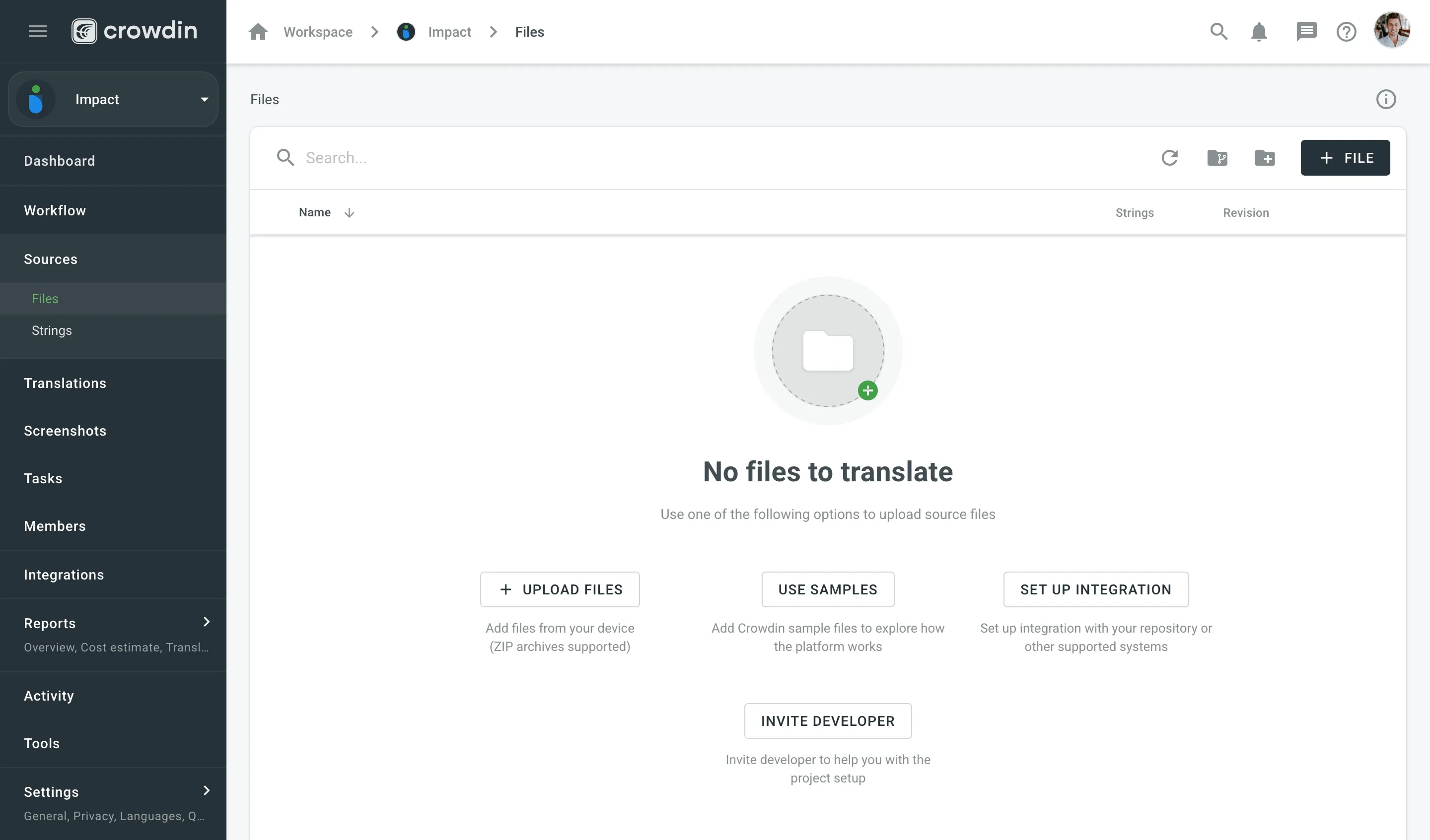 Files tab in the project settings